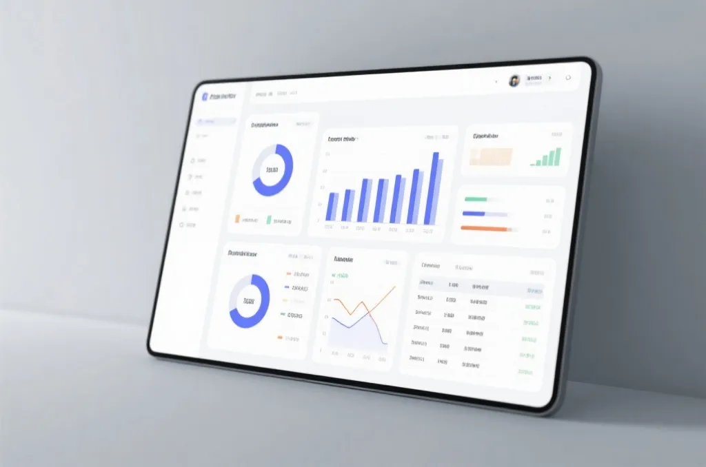 A modern clean data dashboard screen displaying generic statistical charts and data tables