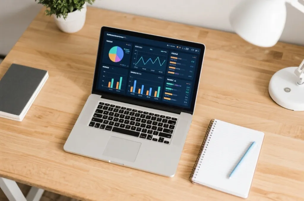 A professional modern workspace with a laptop showing data analysis dashboard and customized charts